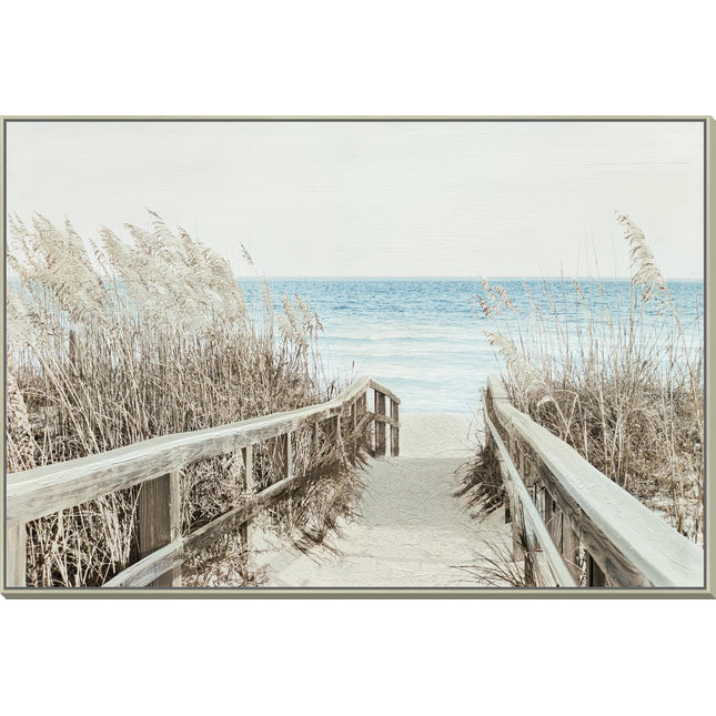 The Beachwalk takes you through towering grass to a sandy shoreline, where gentle waves paint a stunning scene beneath a pale sky. Along the path, sparse sea oats dance in the breeze.