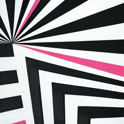 The Neon Abstract piece is a museum-quality artwork showcasing black, white, and pink geometric shapes converging toward the top left. Its bold lines and striped patterns create a dynamic optical illusion on a stunning hand-painted canvas.