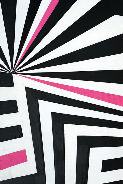 The Neon Abstract piece is a museum-quality artwork showcasing black, white, and pink geometric shapes converging toward the top left. Its bold lines and striped patterns create a dynamic optical illusion on a stunning hand-painted canvas.