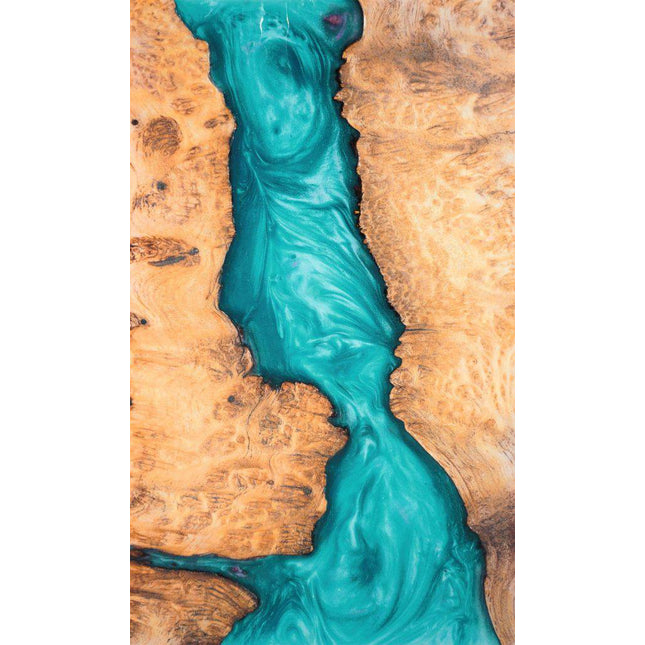 A close-up of Epoxy River shows a wooden surface with a turquoise resin river in the center. The natural swirling wood grain gives it museum-quality appeal, while the glossy, smooth resin provides striking contrast.