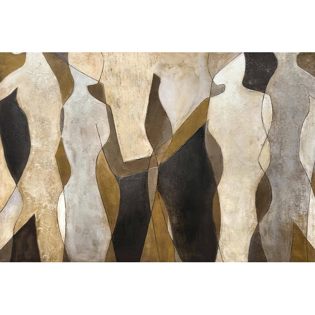 People features interwoven silhouettes in beige, white, gold, and black on textured canvas. The elongated forms suggest closely blending figures, creating a museum-quality artwork with a harmonious composition.