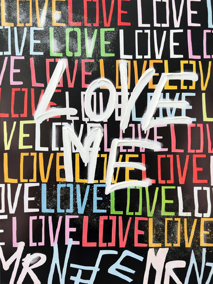 The Love Me artwork features graffiti-style art with LOVE ME in white, spray-painted over a vibrant background. The hand-painted canvas layers LOVE repeatedly in red, green, yellow, pink, and white for an eye-catching effect.