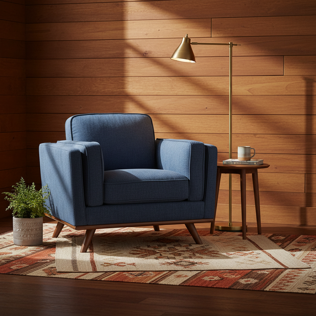 Maddox Chair staged in a cozy wood-paneled den with brass floor lamp