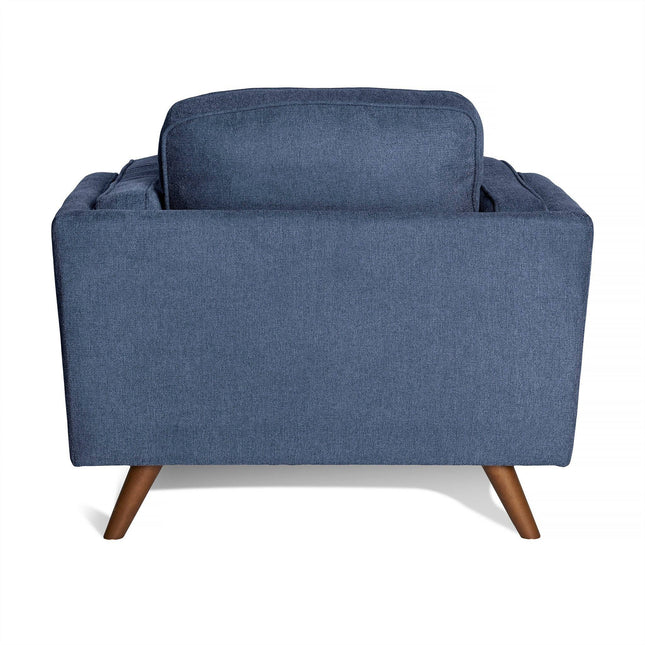 Rear view of the Maddox Chair featuring blue fabric upholstery, wooden legs, and plush cushions against a white background.