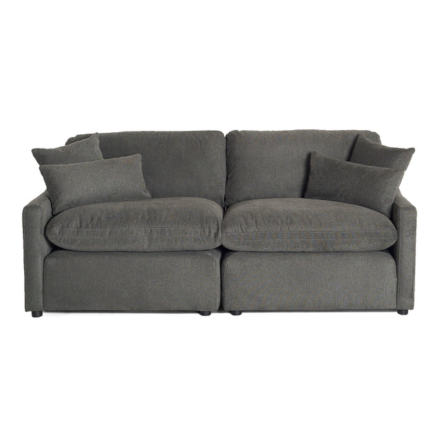 The My Cloud Slope 2 Piece loveseat in dark gray offers plush comfort like the Worlds Greatest & Most Comfortable Sofa, featuring wide armrests, two large seat cushions, two back cushions, and four stylish throw pillows for an elegant seating arrangement.