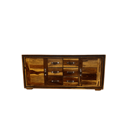 The 2 Door 6 Drawer Side Board features a rectangular wooden frame with two sets of three drawers in the center, flanked by cupboards on each side. Metal handles complement the natural wood grain pattern in varying brown shades.