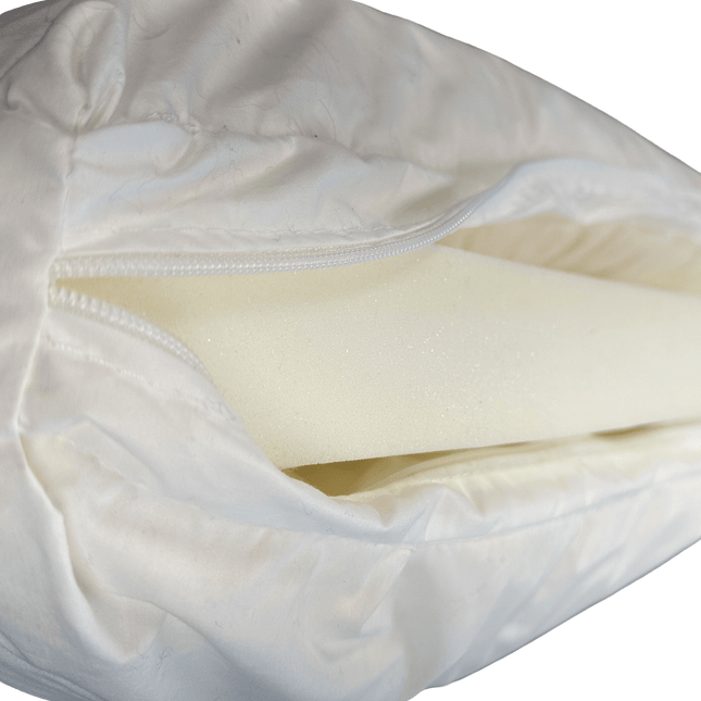 A close-up of the My Cloud Classic Cushion Core reveals its foam insert through a partially unzipped white cover. The slightly wrinkled fabric showcases the soft, supportive foam inside. Ideal for those needing affordable replacement covers, set against a plain green background.