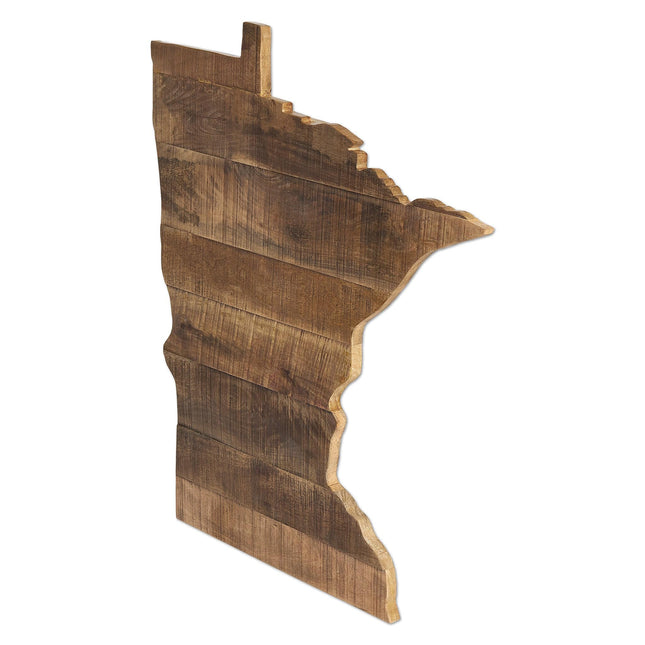 The Minnesota Sign is a handcrafted wall art piece made from reclaimed wood, shaped like the state of Minnesota. It exudes rustic charm with visible grain and texture, featuring distinct cutouts that elegantly outline the states borders.