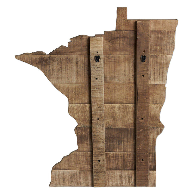 The Minnesota Sign is a handcrafted wooden wall art piece shaped like the state of Minnesota, featuring square patches and vertical strips with hooks. Made from reclaimed wood, it offers rustic charm with an authentic feel through its meticulous design.