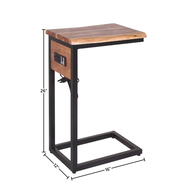 The Live Edge USB C-Table is a stylish acacia wood side table with a black metal frame, featuring built-in outlets and USB ports. Dimensions: 26 H x 16 W x 12 D.
