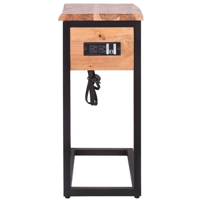 The Live Edge USB C-Table merges style and function with a narrow acacia top and sleek metal legs. It features a built-in power strip with outlets and USB ports, plus a live edge for natural elegance. A practical power cord extends from the back.