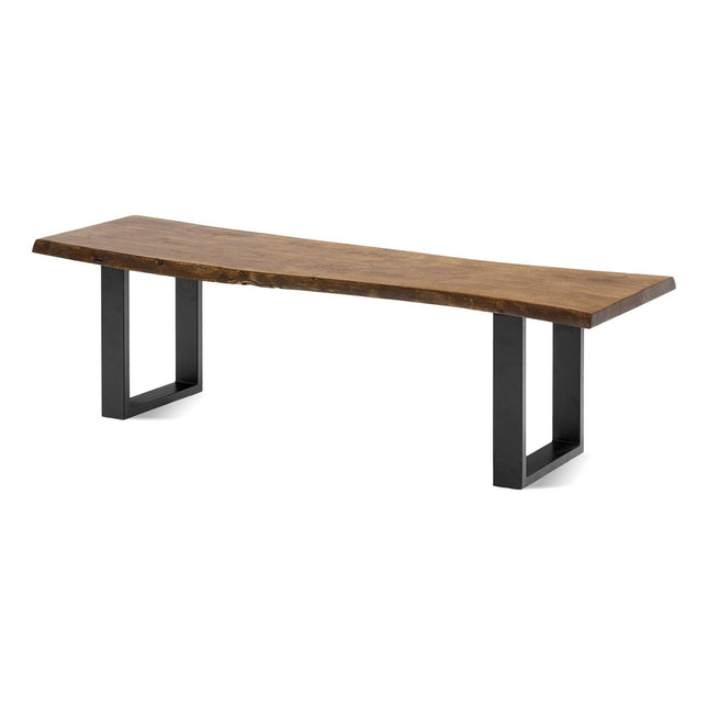 The Live Edge Bench, set against a white background, has a thick acacia slab top with a natural wavy edge and sturdy black metal legs, showcasing a modern minimalist design.