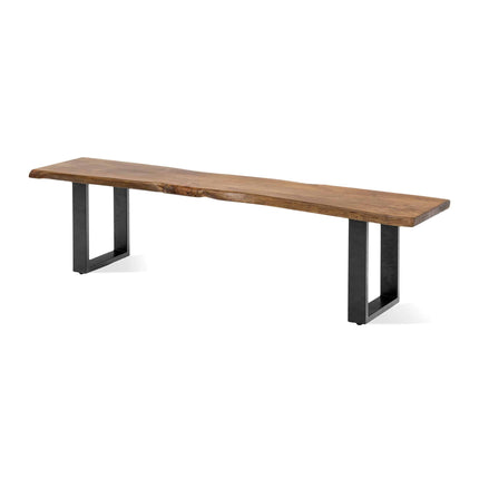 Introducing the Live Edge Bench: a handcrafted acacia bench featuring natural, uneven edges and sleek black metal legs in a rectangular shape. This design seamlessly combines rustic wood with modern industrial elements, ideal for any dining table setting.