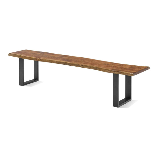The Live Edge Bench, featuring a handcrafted acacia top with a natural finish and sleek black metal legs, adds elegance to any dining setting.