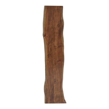 A handcrafted Live Edge Bench made of dark brown wood with a natural edge and visible grain patterns stands vertically against a white background.