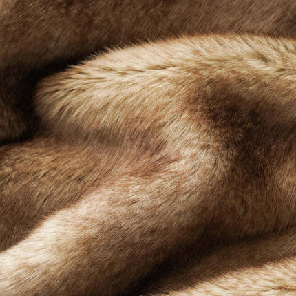 Close-up of the RCL Fur Throw, a plush brown faux fur blanket featuring smooth texture with light and dark shades that mimic natural fur patterns, ideal for cozy throws.