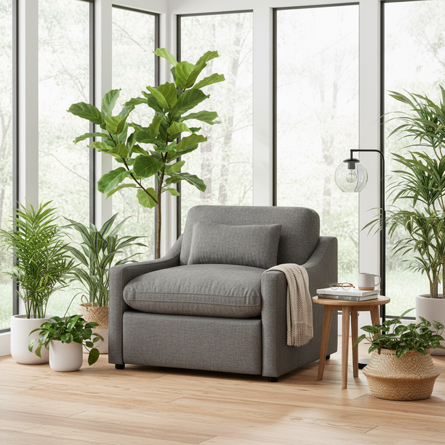My Cloud Slope Power Recliner in Classic Gray staged in a bright plant-filled sunroom