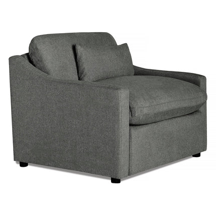 The My Cloud Slope Power Recliner is a large, modern armchair in dark gray with plush cushioning. It features power recline capability, square arms, a minimalist design, and sits on small black feet.