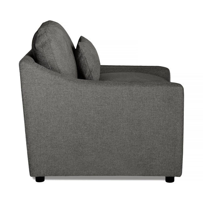 The side view reveals a modern, minimalist gray two-seater sofa with smooth fabric, overstuffed back cushions reminiscent of My Cloud comfort, and stands on small black legs.
