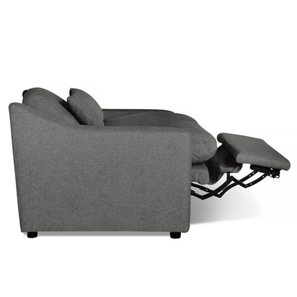 Side view of the My Cloud Slope Power Recliner, featuring a modern gray design with plush cushions, a reclined seat, an extended footrest, and supported by a metal mechanism for smooth reclining.