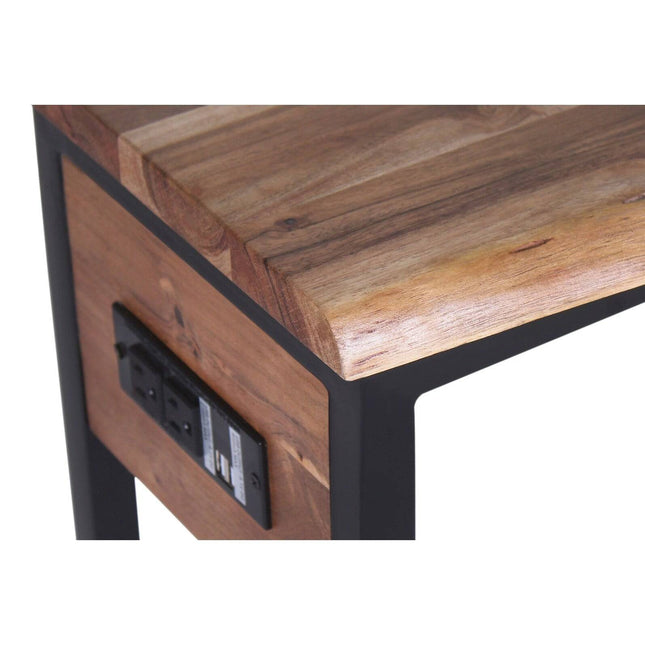 Close-up of the Live Edge USB C-Table corner with a metal frame. This acacia wood table boasts a built-in power outlet and USB ports, merging functionality with beauty. Its natural finish highlights the grain and texture, offering aesthetic charm and practicality.