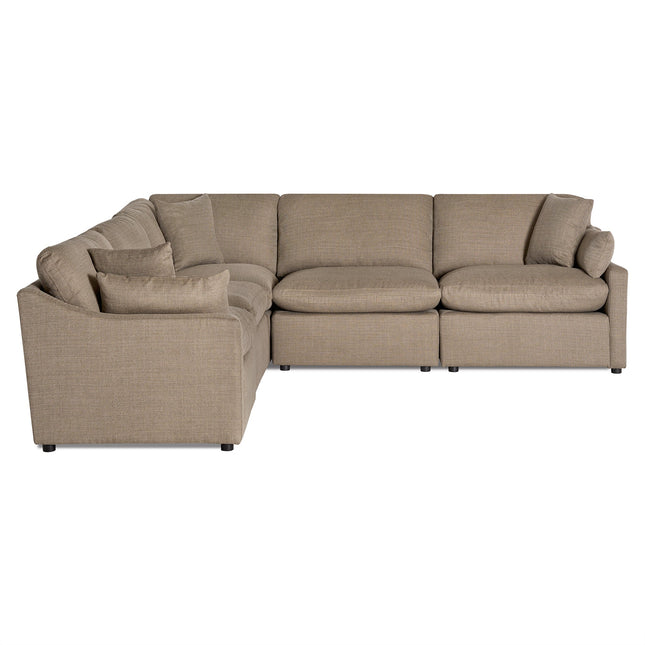 The My Cloud / Slope Arm is a brown L-shaped sectional with a contemporary design, plush cushions, and armrests for cozy seating. Upholstered in fabric with machine-washable covers and elevated on small black feet, it offers both style and easy maintenance.
