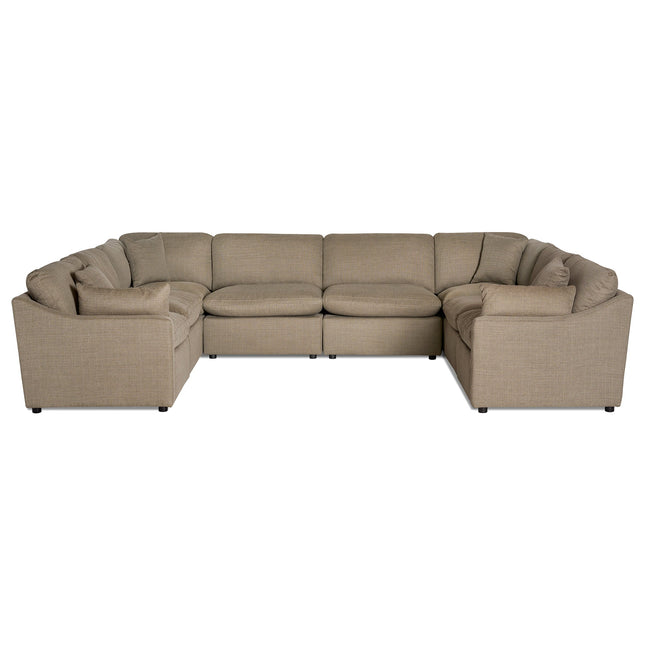 The My Cloud / Slope Arm is a large, light brown U-shaped sectional sofa with machine-washable covers and multiple cushions. It boasts a modern design with slightly rounded armrests and black feet, making it perfect for a spacious living room setting.