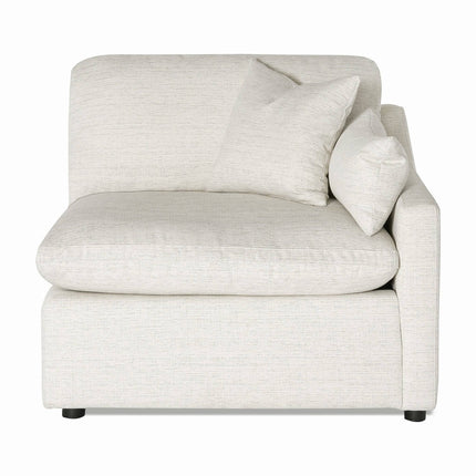 The My Cloud Slope Right Arm is a beige modular corner sofa chair with two matching cushions. It features a modern design, soft fabric, and a square shape with rounded backrest on short black legs, offering customizable seating for any living space.