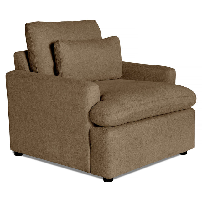 Introducing the My Cloud Chair, a spacious brown fabric armchair with thick cushioned armrests, a broad backrest, and a soft deep seat cushion for ultimate comfort. It sits on short black legs, epitomizing comfortable furniture.