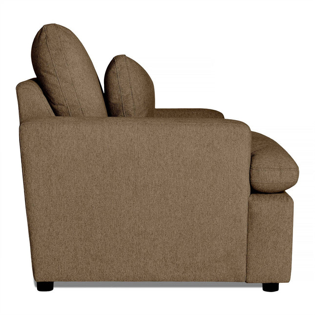 Side view of the My Cloud Chair, a brown upholstered piece with plush cushions. Its simple, modern design adds charm to any space. Set against a white background, this comfortable furniture exudes effortless style.