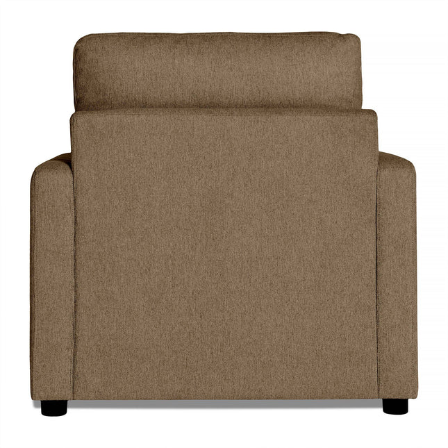 Introducing the My Cloud Chair: a modern, brown upholstered armchair seen from behind. It features a textured fabric and tall backrest for customizable comfort, maintaining a sleek look with hidden legs.