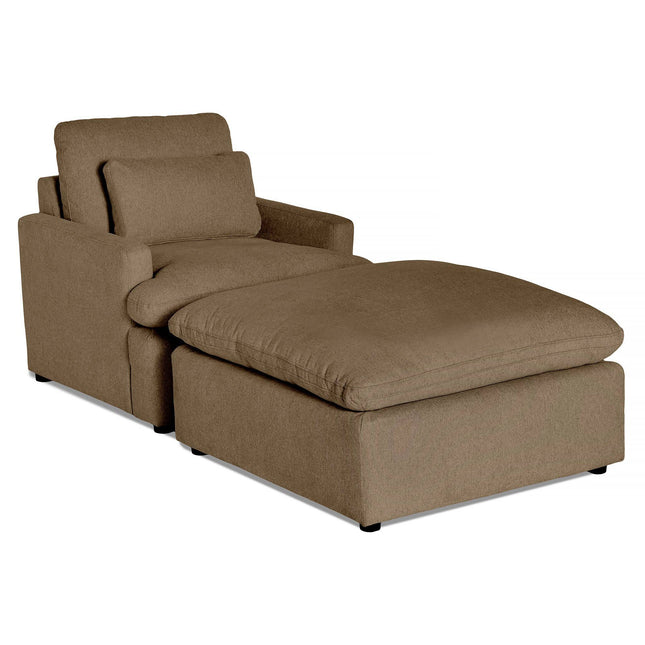 This customizable furniture is a brown L-shaped sectional chaise lounge. With smooth upholstery, cushioned backrest, and broad, padded seat, it matches the comfort of My Cloud Chair. Its minimalist design is enhanced by short, sturdy legs.