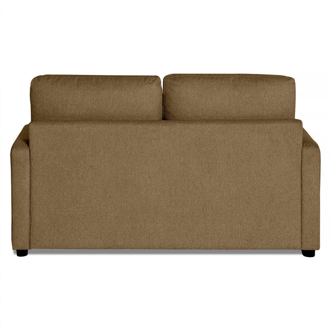 The My Cloud Loveseat is a brown fabric couch with dual cushions, straight armrests, and short black legs. Set against a white background, it enhances comfort and adds an inviting touch to any space.