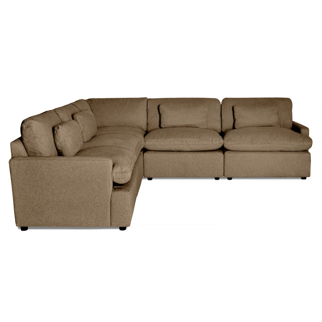 A large L-shaped brown sectional sofa with cushioned backrests and seats is featured on a white background. It has textured fabric, offering ample seating and a modern design.