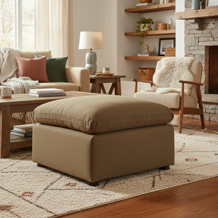 My Cloud 30 inch Ottoman in Earth styled in a warm rustic living room with fireplace