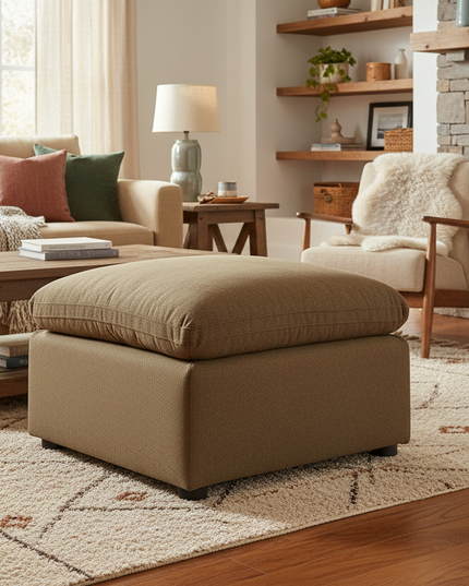 My Cloud 30 inch Ottoman in Earth styled in a warm rustic living room with fireplace