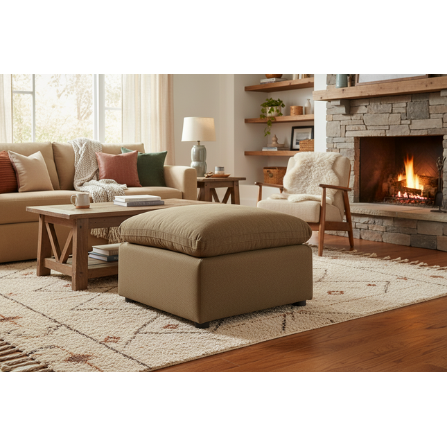 My Cloud 30 inch Ottoman in Earth styled in a warm rustic living room with fireplace