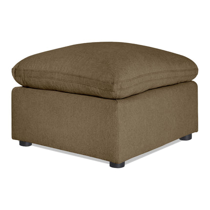 Introducing the My Cloud 30 Ottoman: a spacious brown fabric piece with a square cushion top and short black legs. Part of our customizable furniture collection, it effortlessly combines style and comfort to enhance any living space.