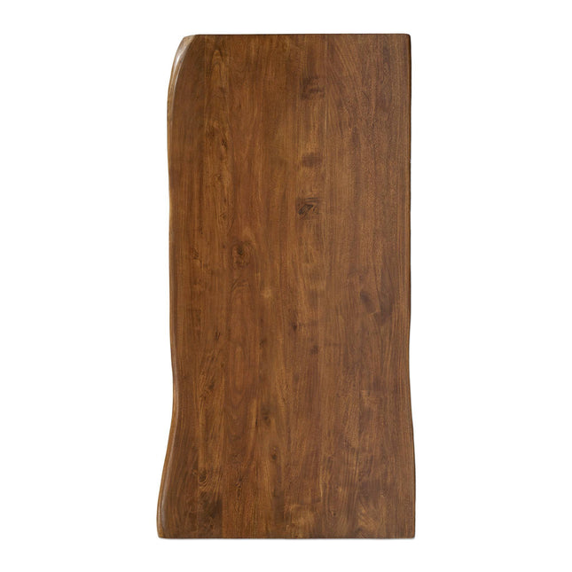 The Live Edge Foundry Dining Table has a rectangular wooden tabletop with a smooth finish and natural wood grain. Its slightly uneven edges enhance its rustic, organic look, making it ideal for a charming dining experience.