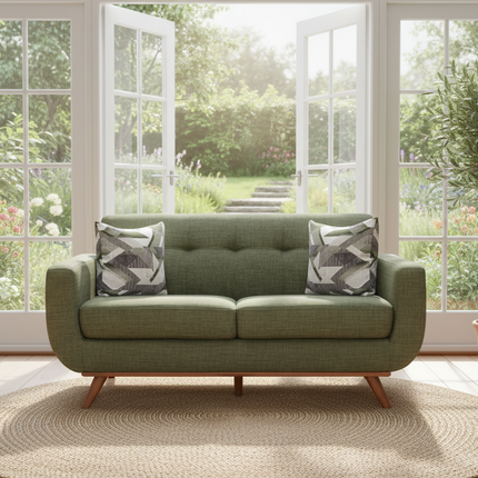 Cortona Loveseat staged in a sunny garden sunroom with french doors
