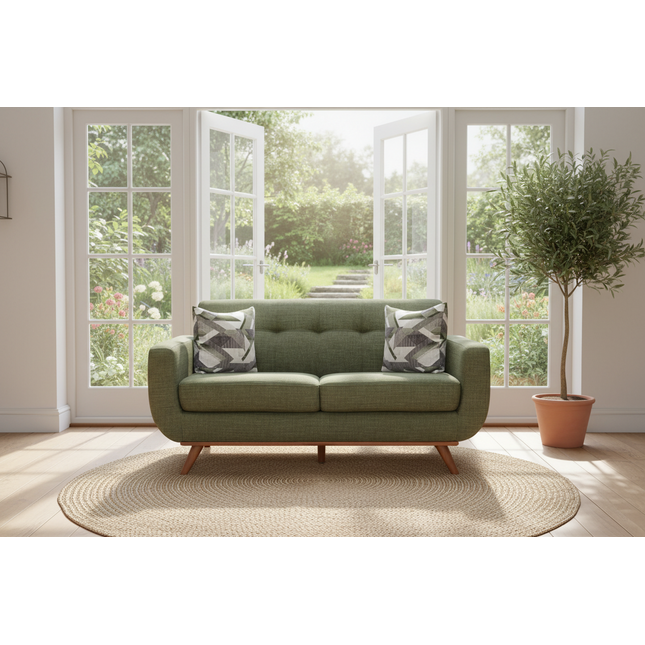 Cortona Loveseat staged in a sunny garden sunroom with french doors