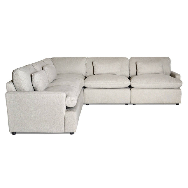 A large, light gray L-shaped sectional sofa featuring modern design, cushioned seats and backrests. Ideal for spacious living rooms with soft and comfortable upholstery. Product Name: Free Fabric Swatches.