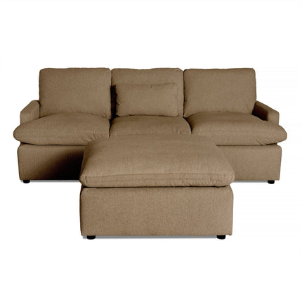 The My Cloud Sofa, a brown three-seater, includes a matching ottoman. With plush cushions for seating and backrest, it offers customizable comfort and a modern look. The ottoman doubles as a footrest and extra seating.