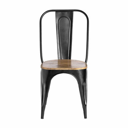 The Mango High Back Chair combines a black metal frame with a mango wood seat and simple backrest, blending industrial and rustic styles for a minimalist, sustainable handcrafted dining chair.