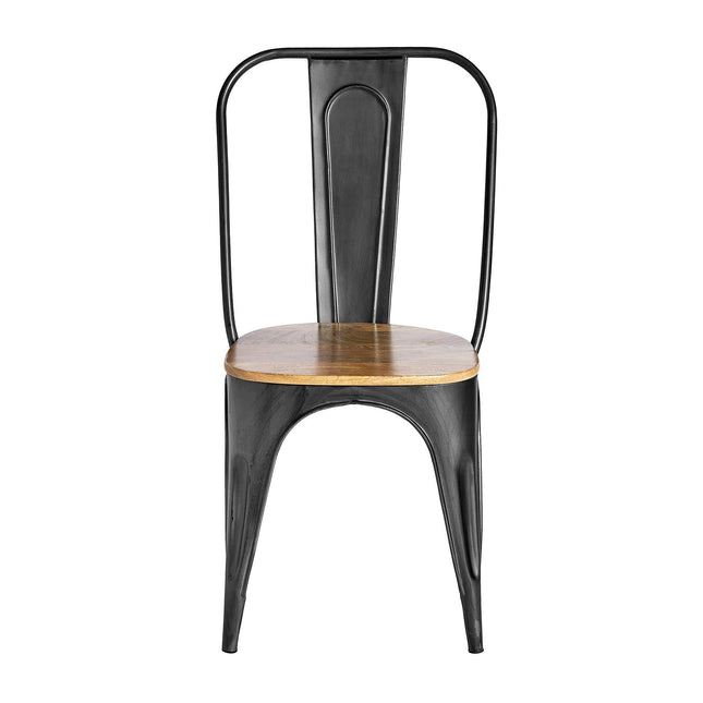 The Mango High Back Chair showcases a sustainable industrial style with its high backrest and curved design. It features a sleek black metal frame and a handcrafted round mango wood seat, offering an eco-friendly yet stylish dining solution.