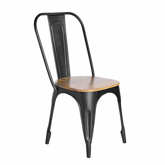 The Mango High Back Chair features an industrial design with a black metal frame and mango wood seat. This sustainable, handcrafted chair has curved metal legs and a vertical slat backrest, combining style with durability for an eco-friendly dining solution.