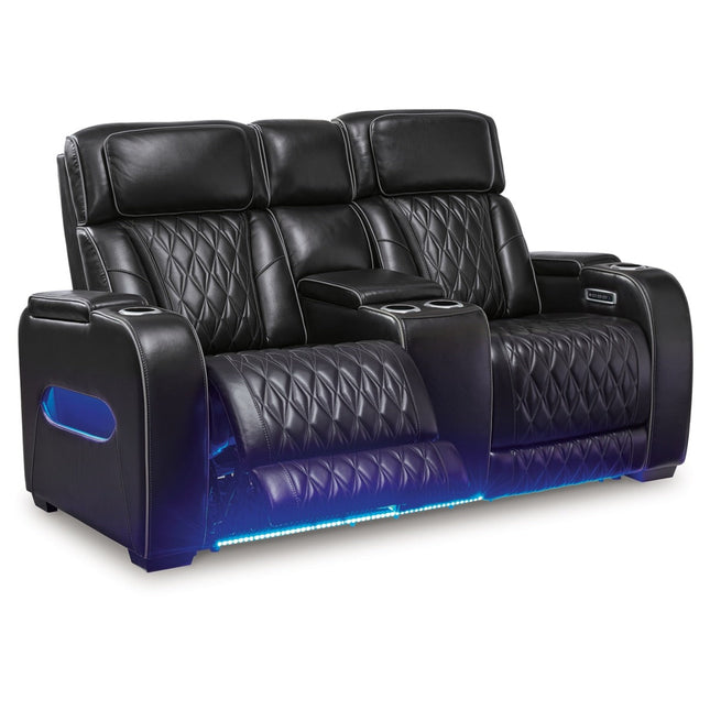 Obsidian Dual Power Leather Reclining Loveseat with Console