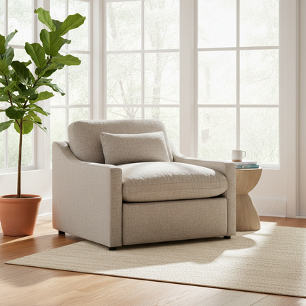 My Cloud Slope Power Recliner in Ivory Greige staged in a bright sunroom reading corner