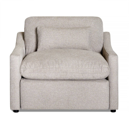 The My Cloud Slope Power Recliner is a plush, light gray armchair with clean lines, low armrests, a thick cushion, and a matching rectangular pillow. Its soft, textured fabric and modern design offer customizable options to suit your style preferences.
