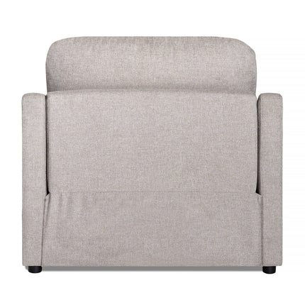 The image features a light gray upholstered My Cloud Slope Power Recliner with a smooth fabric finish and cushioned backrest. Simple straight armrests enhance the sleek design, while small dark legs add understated elegance at the bottom.